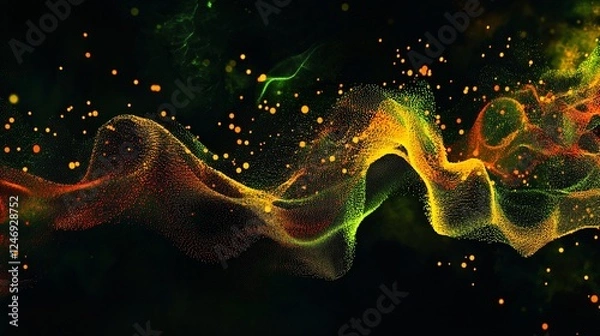 Fototapeta Digital Wave of Glowing Fluid Dots Moving in Dark Space with Red Yellow Green Colors