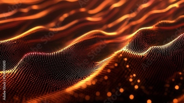 Fototapeta A digital wave of moving dots in 3D vector style with orange light and dark background