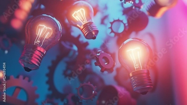 Fototapeta Illuminating Ideas A Digital Workspace Scene with Lightbulbs and Gears Concept