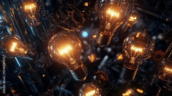 Fototapeta Illuminated lightbulbs with metallic gears and abstract background create a digital workspace scene