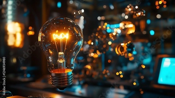 Fototapeta Glowing Lightbulb in a Digital Workspace, Symbolizing Innovation and Bright Ideas in Technology