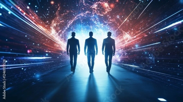 Fototapeta Three figures walk into a digital universe.