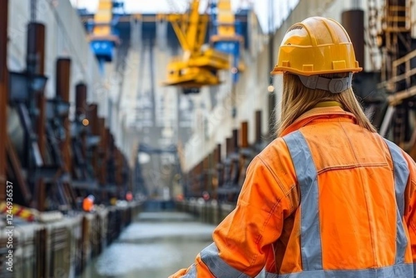 Fototapeta Female Engineer Overseeing Hydroelectric Dam Construction, Infrastructure Development and Management