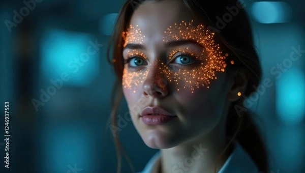 Obraz Woman with glowing face art poses in a high-tech environment at night