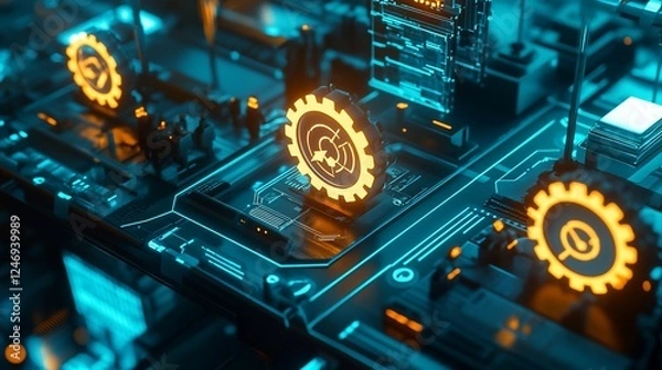 Fototapeta Futuristic digital circuit board with glowing orange gears, complex tech design