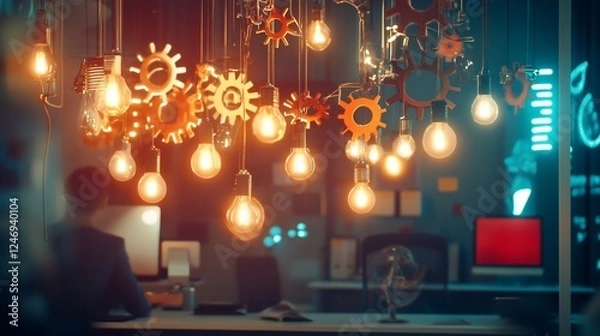 Fototapeta A modern digital workspace featuring suspended lightbulbs and gear shapes creating an ambient setting