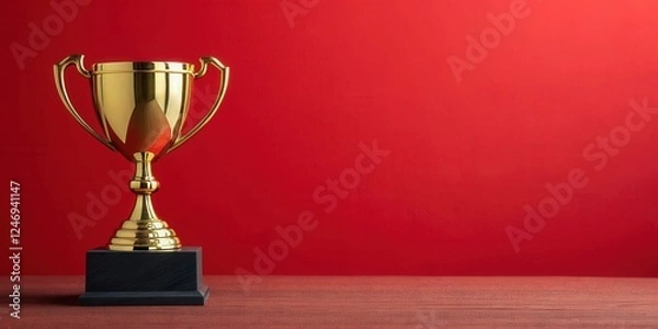 Fototapeta Gold trophy cup on a red background with copy space. Concept for Winner, Prize, Champion, Competition, Success, Award