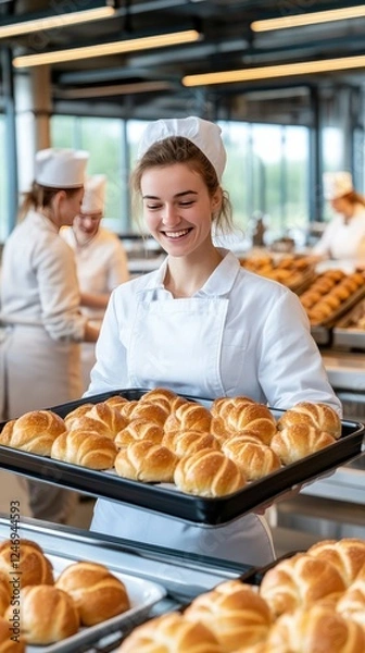 Obraz Young baker smiles while presenting freshly baked golden rolls in a modern bakery during daytime preparation