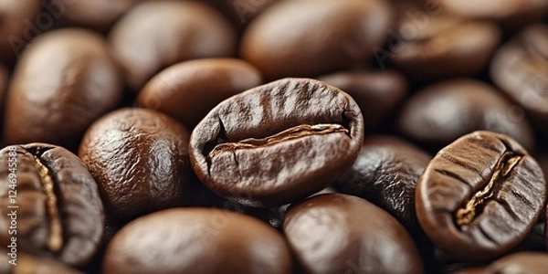Obraz Macro Shot of Freshly Roasted Coffee Beans with Rich Texture and Deep Brown Color : Generative AI