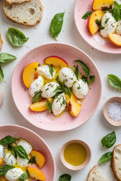 Fototapeta A refreshing summer salad featuring creamy burrata cheese, ripe peach slices, fresh basil, and olive oil, served with rustic bread.