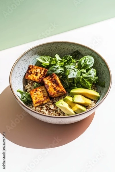 Fototapeta A nutritious quinoa bowl with crispy grilled tofu, fresh avocado slices, and leafy greens, served in natural light with soft shadows.