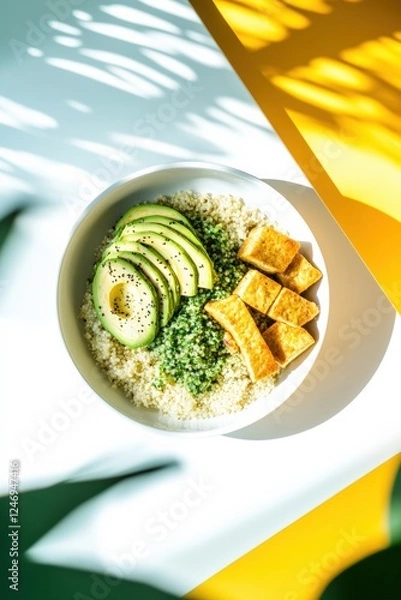 Fototapeta A healthy quinoa bowl with sliced avocado, crispy tofu, and green sauce, served in bright sunlight with artistic shadows and bold colors.