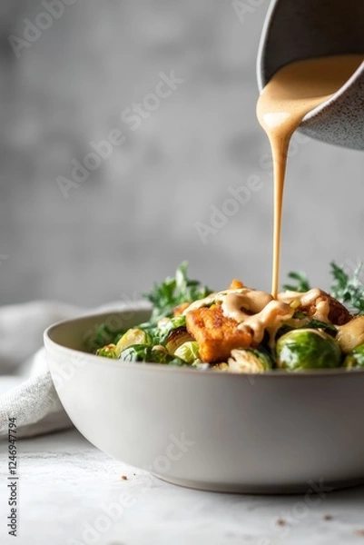 Fototapeta A fresh and hearty salad with crispy tempeh, roasted Brussels sprouts, and creamy dressing being poured, highlighting healthy and plant-based eating.