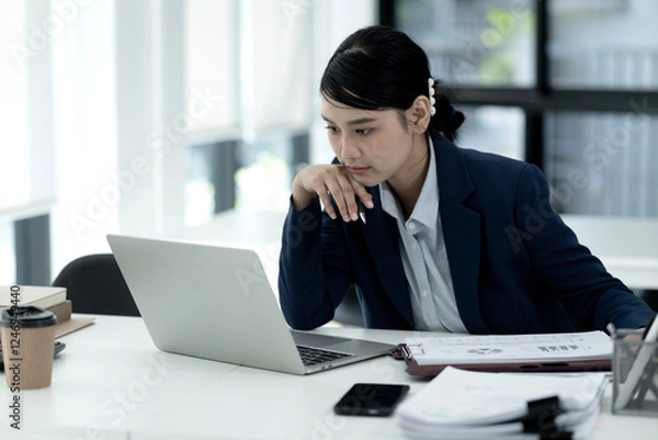 Obraz businesswoman Concentrating on work  looking at documents and laptop