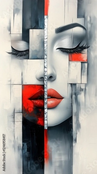 Fototapeta Woman face emerging from abstract geometric shapes painting
