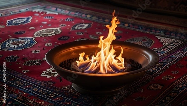 Fototapeta Fire Bowl on Persian Rugs, Traditional Setup, Chaharshanbe Suri Festival, Persian Fire-Jumping Tradition

