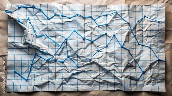 Fototapeta Crumpled Graph Paper with Blue Line Chart and Grid Background
