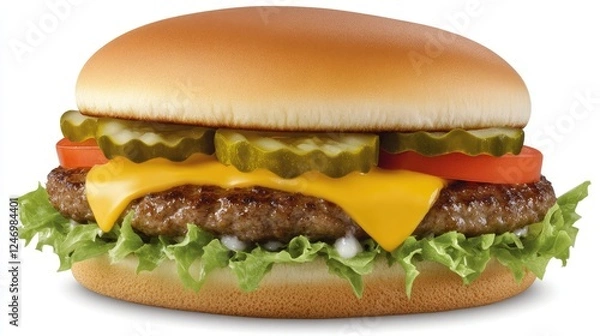 Fototapeta A classic cheeseburger with melted cheese, lettuce, tomato, and pickles on a white background