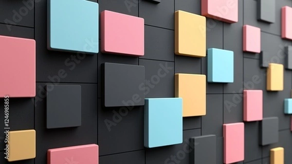Fototapeta Colorful squares on black wall, abstract background