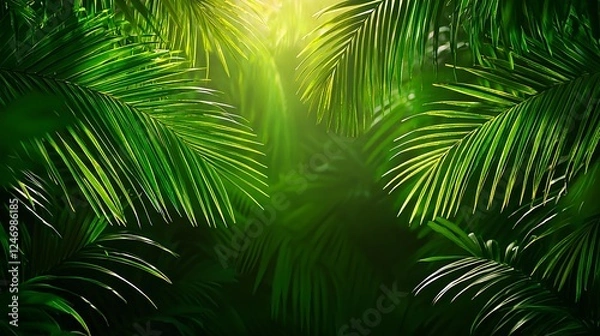 Fototapeta Lush Green Tropical Jungle Leaves Sunlight