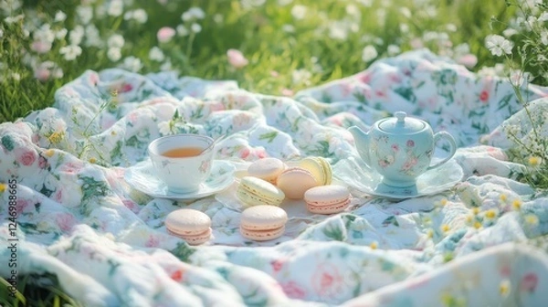 Fototapeta Pastel Picnic with Macarons and Tea Setup