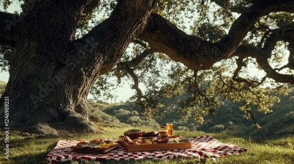 Fototapeta Relaxing Picnic with Checkered Blanket in Nature