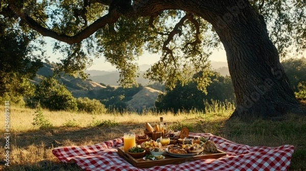 Fototapeta Enjoying a Picnic on a Checkered Blanket Outdoors