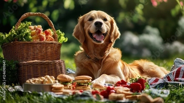 Fototapeta Playful Golden Retriever Enjoying a Picnic in Nature