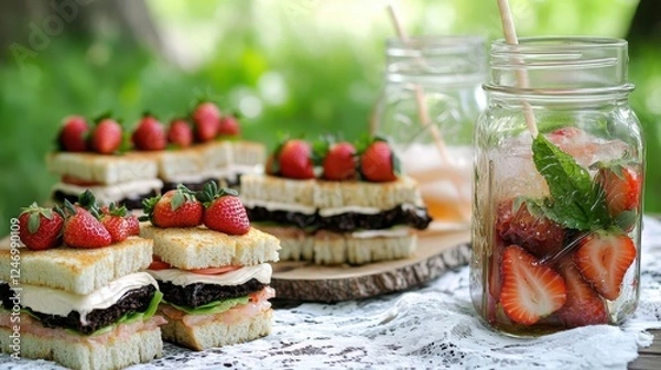 Fototapeta Refreshing Picnic with Mini Sandwiches and Lemonade