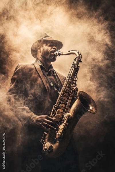 Fototapeta Man in fedora playing saxophone amidst foggy atmosphere