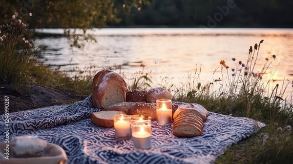 Fototapeta Romantic Lakeside Picnic with Soft Candles and Bread