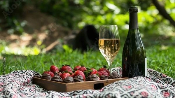 Fototapeta Romantic Picnic Setup with Chocolate Dipped Strawberries