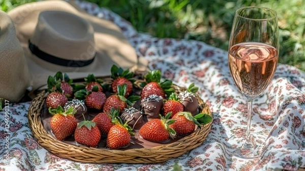 Fototapeta Romantic Picnic Setup for Two with Strawberries and Wine