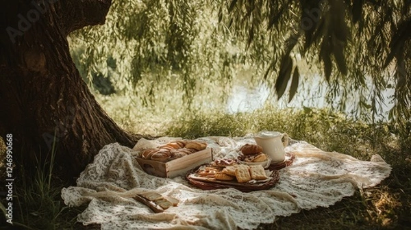 Fototapeta Rustic Picnic Under a Shady Willow Tree