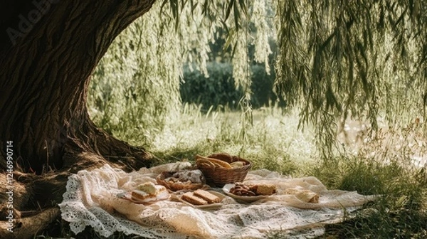 Fototapeta Shady Picnic Under a Willow Tree in Countryside