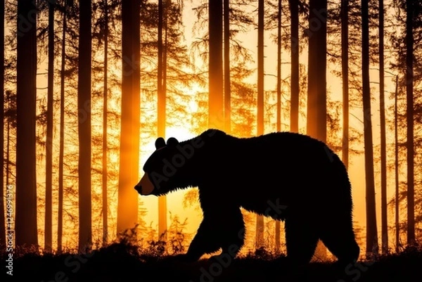 Fototapeta Majestic Bear Silhouette Amidst Sunlit Forest - A striking silhouette of a bear walking through a sunlit forest, symbolizing strength, nature, wildlife, tranquility, and beauty.