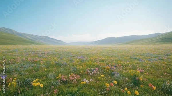 Fototapeta Summer meadow dotted with multi-colored wildflowers under a cloudless sky. 