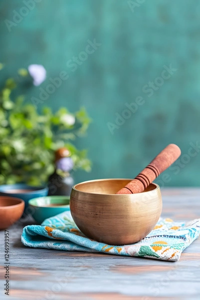 Fototapeta A serene setting for a sound healing session, featuring a large golden singing bowl resting on a soft cushion, surrounded by smaller bowls of different tones