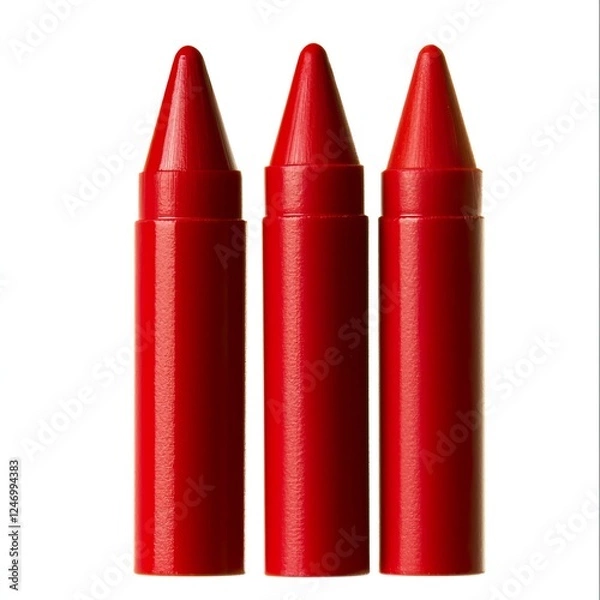 Fototapeta Three Red Crayons in a Row on White Background for Arts and Crafts