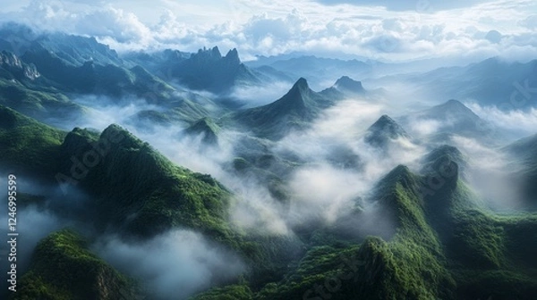 Fototapeta Valley of mists wrapped in thick clouds and gracefully sculpted hills