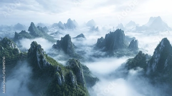 Fototapeta Valley of mists wrapped in thick clouds and gracefully sculpted hills