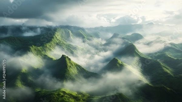 Fototapeta Valley of mists wrapped in thick clouds and gracefully sculpted hills