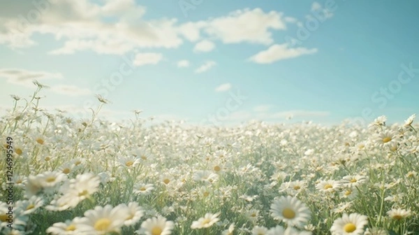 Fototapeta Vast fields of daisies under a light blue sky on a windless day.