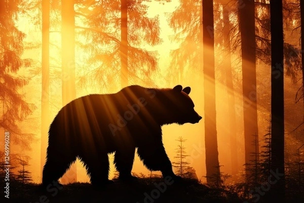 Fototapeta Majestic Bear Silhouette Amidst Sunlit Forest - A stunning silhouette of a bear against a glowing background, symbolizing strength, nature, tranquility, wilderness, and beauty in wildlife.