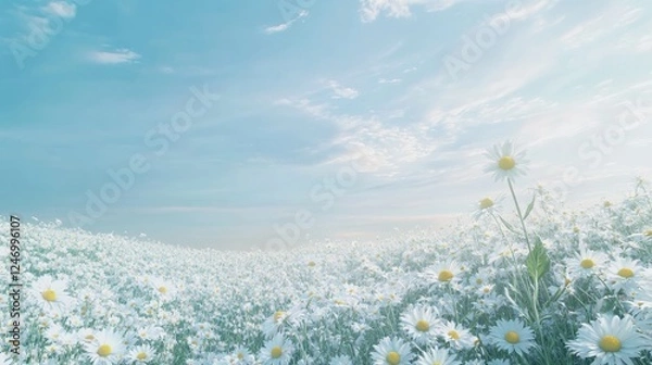 Fototapeta Vast fields of daisies under a light blue sky on a windless day.
