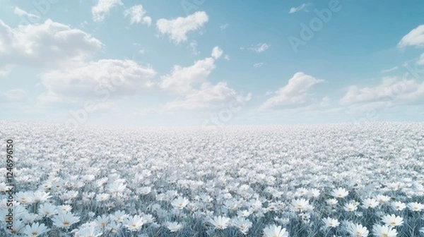 Fototapeta Vast fields of daisies under a light blue sky on a windless day.