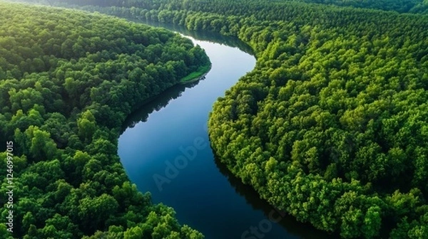 Fototapeta View of a calm river winding through dense green forest with reflections in the water