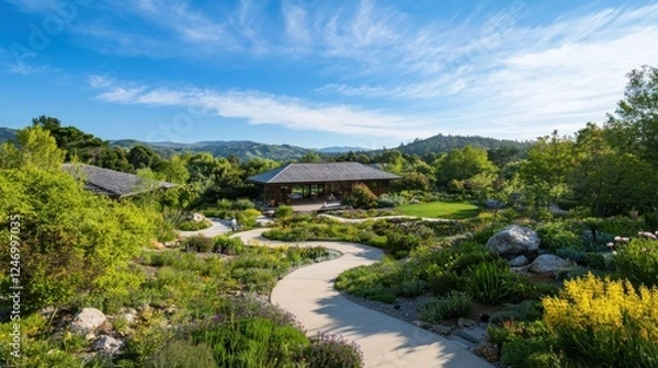 Fototapeta Mindful walking experience wellness retreat tranquil garden setting nature-focused environment serene viewpoint inner connection cultivation