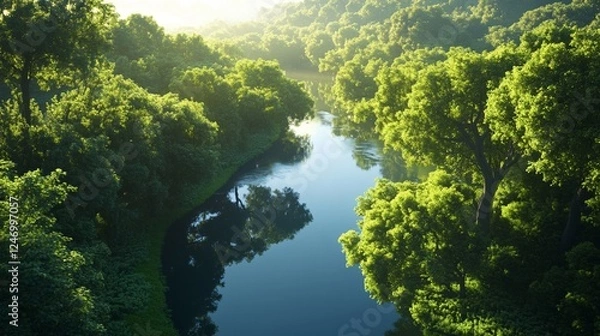 Fototapeta View of a calm river winding through dense green forest with reflections in the water