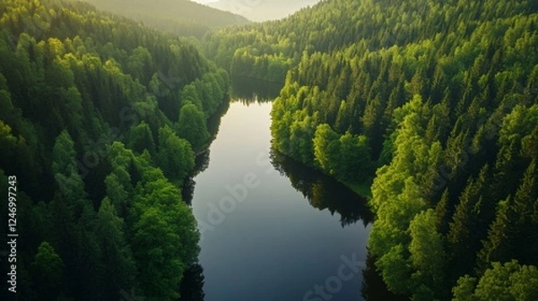 Fototapeta View of a calm river winding through dense green forest with reflections in the water